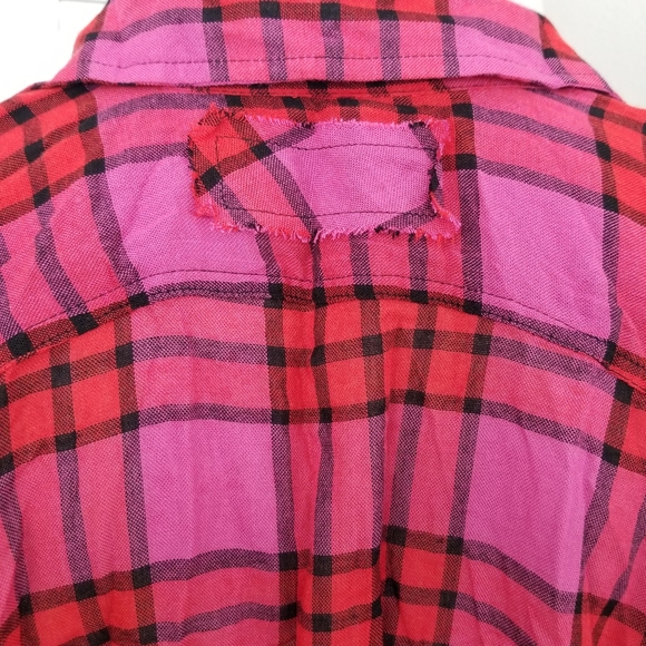Free People Red & Pink Plaid Shirt XS NWT Adjustable Cinch Waist Arms Frayed Hem - Picture 11 of 15